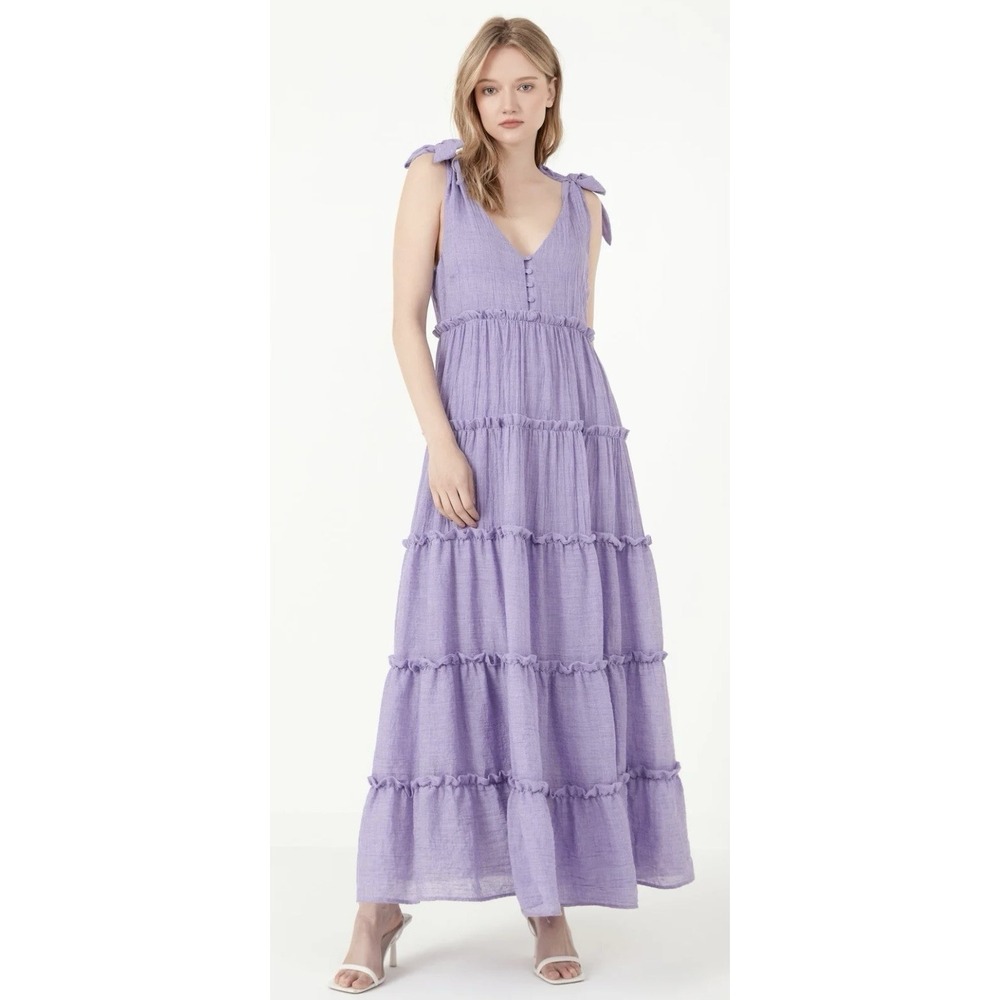 Free The Roses Lavender Tiered Maxi Dress Boho Cottagecore Shoulder Ties Size XS